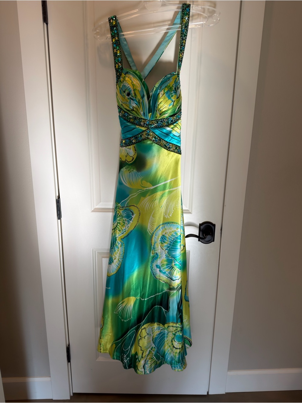 Tony Bowls Green and Teal Floral Prom Gown with Beaded Waist